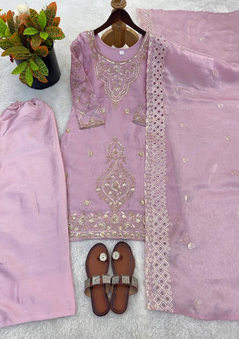 Onion Zari Work Gimmychu Silk Blend Salwar Suit - Indya