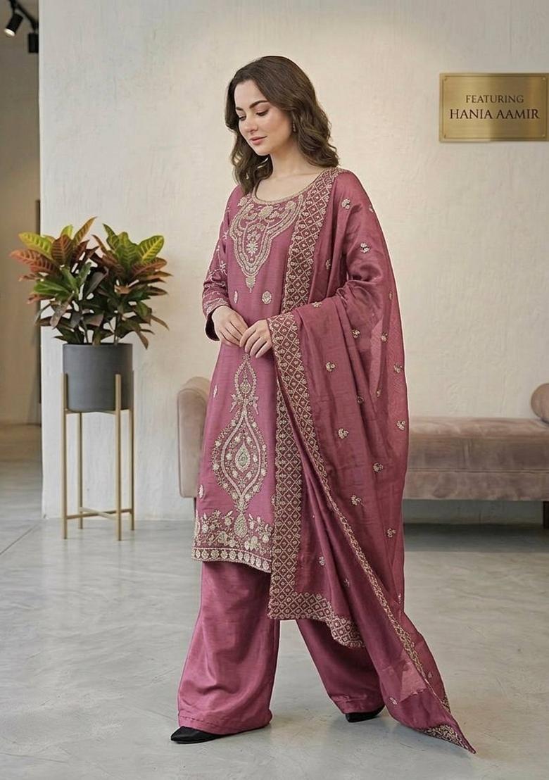 Pink Zari Work Gimmychu Silk Blend Salwar Suit - Indya