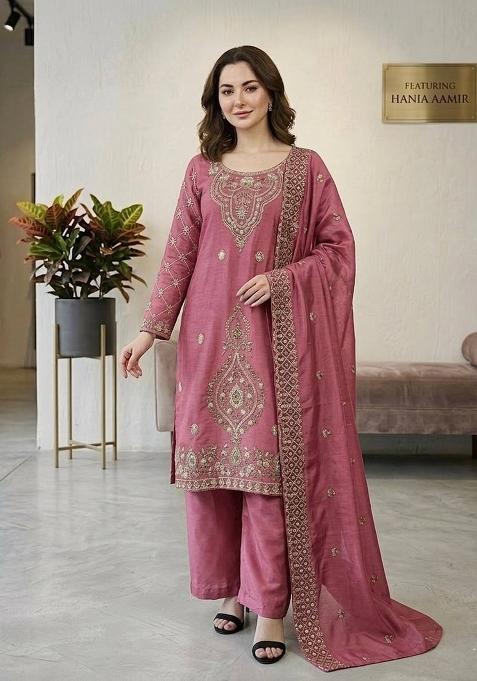 Pink Zari Work Gimmychu Silk Salwar Suit