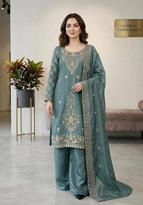Teal Zari Work Gimmychu Silk Salwar Suit