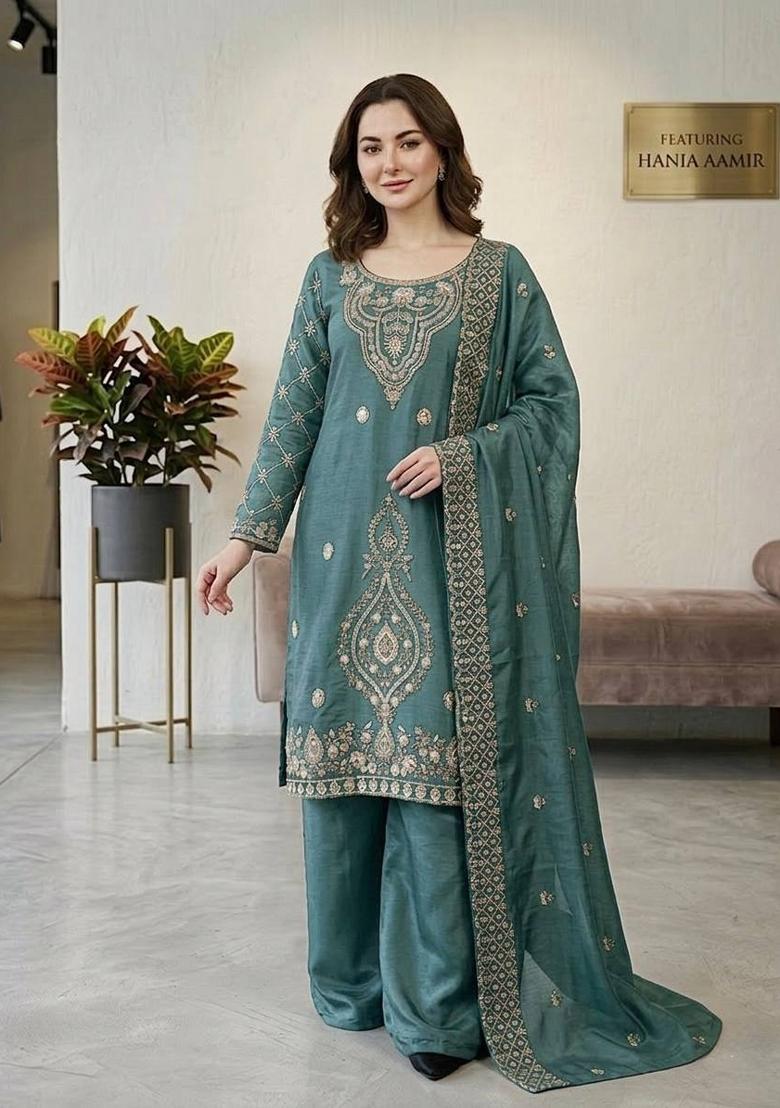 Teal Zari Work Gimmychu Silk Blend Salwar Suit - Indya