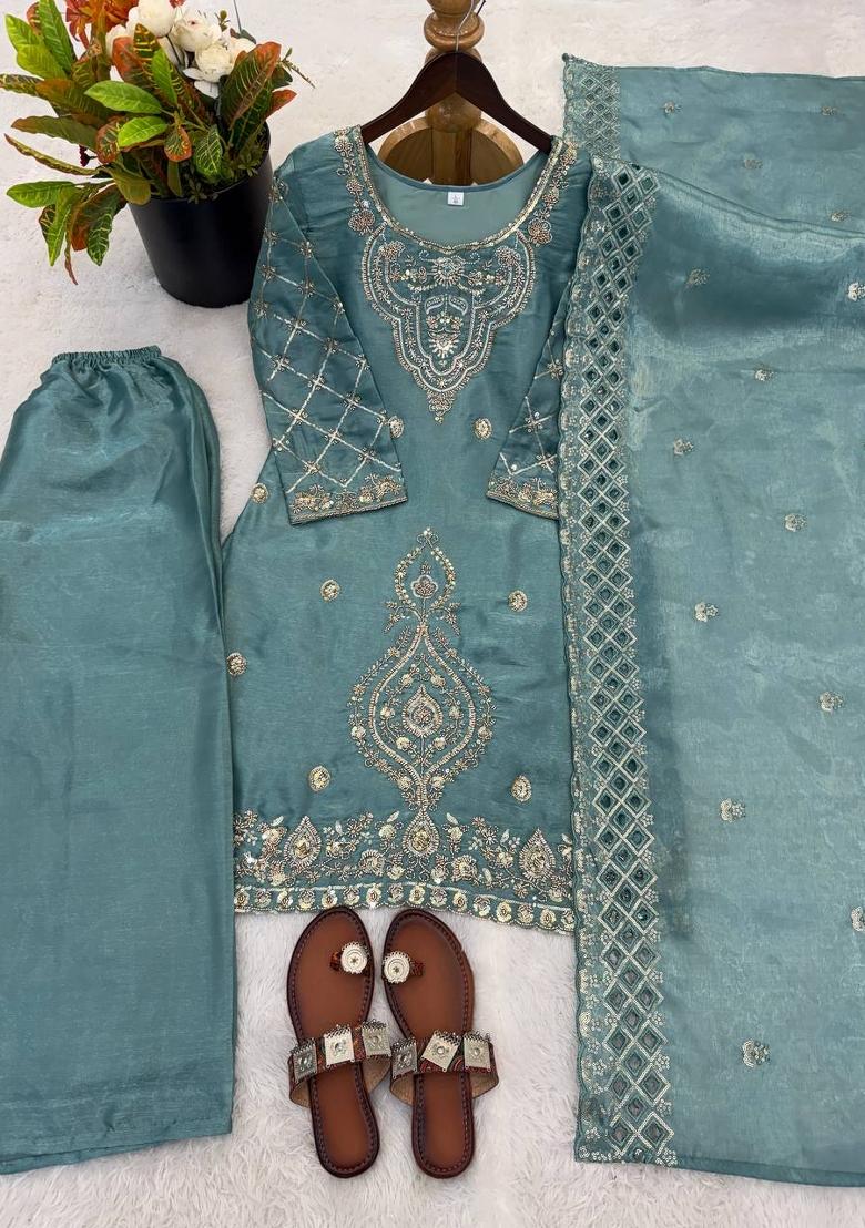 Teal Zari Work Gimmychu Silk Blend Salwar Suit - Indya