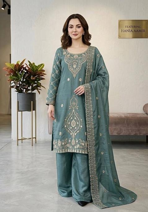 Teal Zari Work Gimmychu Silk Salwar Suit
