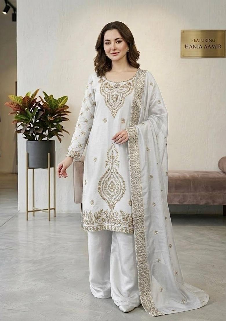 White Zari Work Gimmychu Silk Blend Salwar Suit - Indya