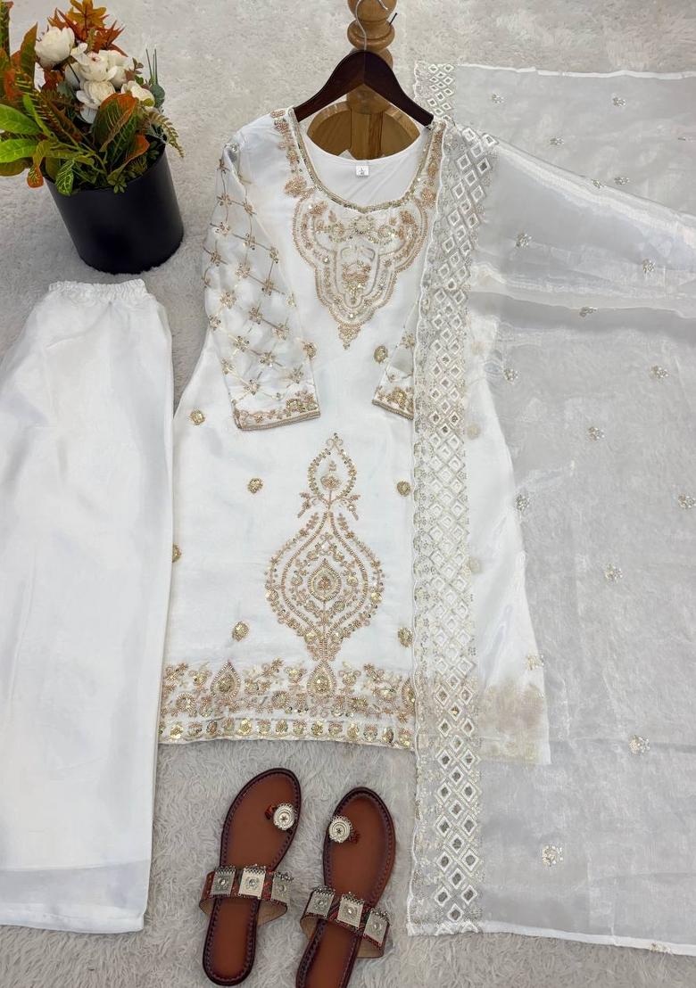 White Zari Work Gimmychu Silk Blend Salwar Suit - Indya