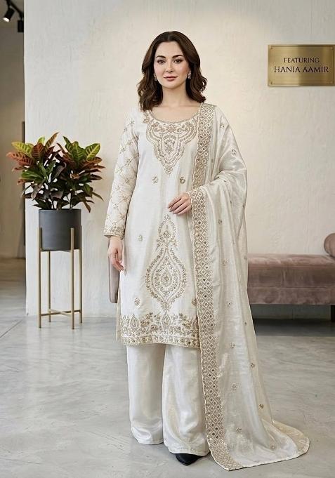 White Zari Work Gimmychu Silk Salwar Suit