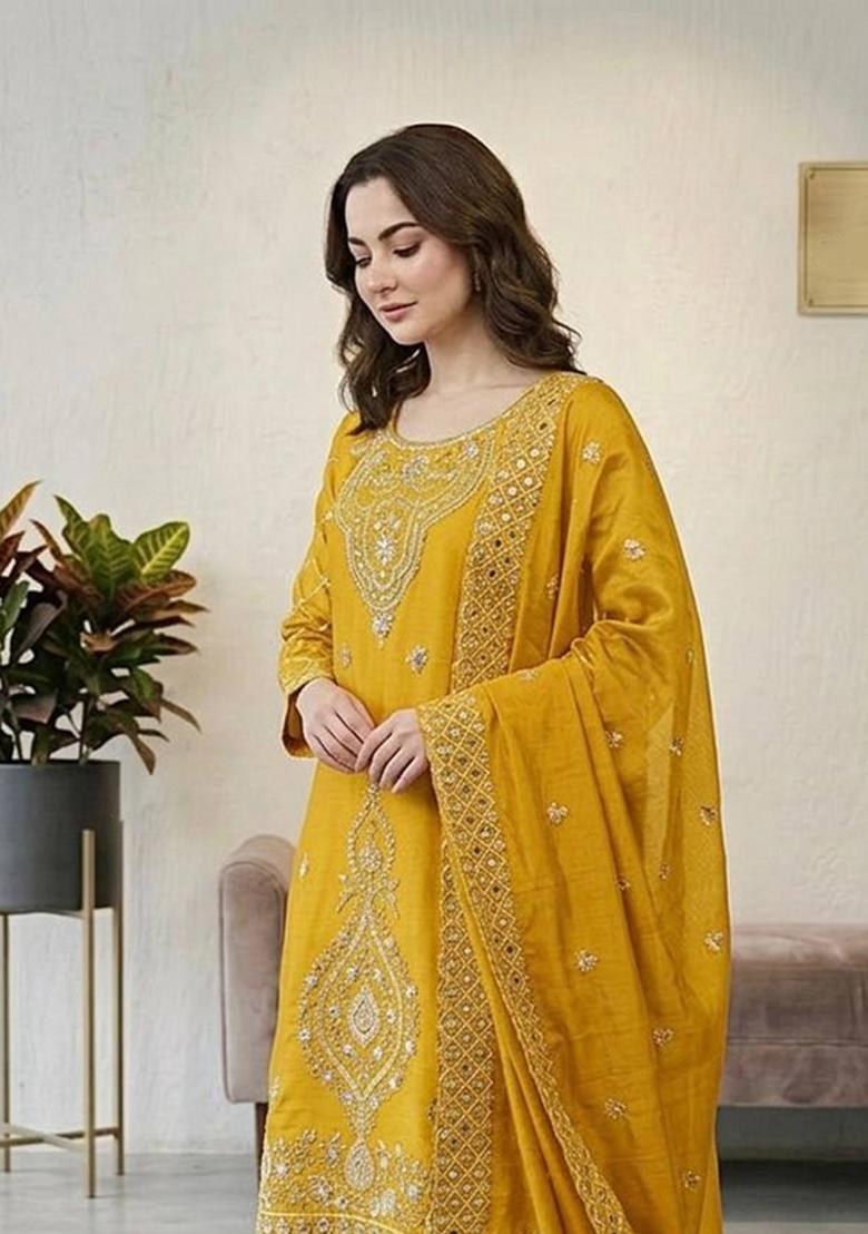 Yellow Zari Work Gimmychu Silk Blend Salwar Suit - Indya