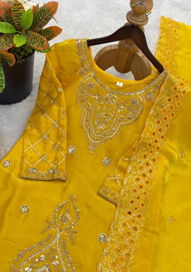 Yellow Zari Work Gimmychu Silk Blend Salwar Suit - Indya