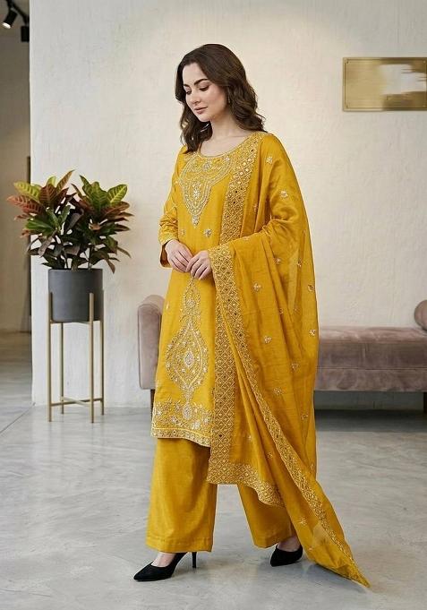 Yellow Zari Work Gimmychu Silk Salwar Suit