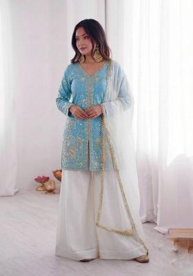 Multi Color Zari Work Fendy Silk Blend Salwar Suit
