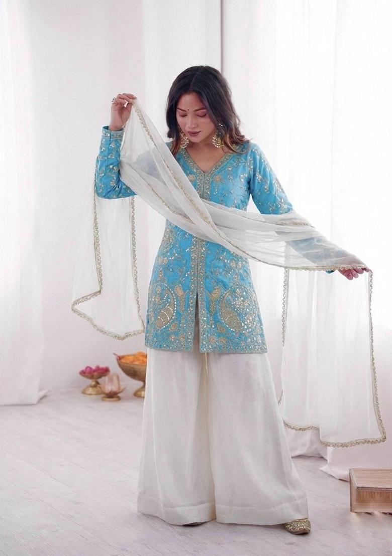 Multi Color Zari Work Fendy Silk Blend Salwar Suit - Indya