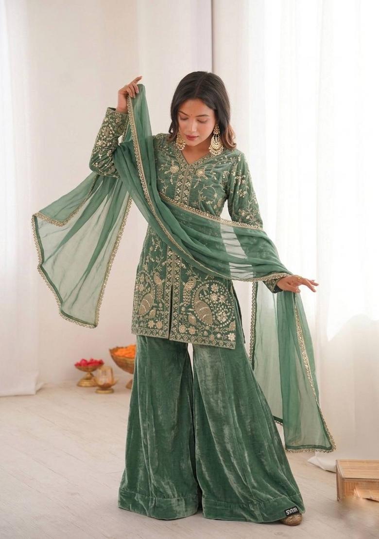 Light Green Zari Work Fendy Silk Blend Salwar Suit - Indya