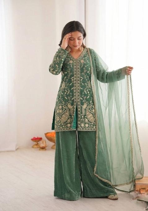 Light Green Zari Work Fendy Silk Salwar Suit