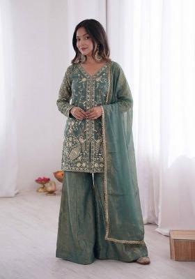Teal Zari Work Fendy Silk Salwar Suit