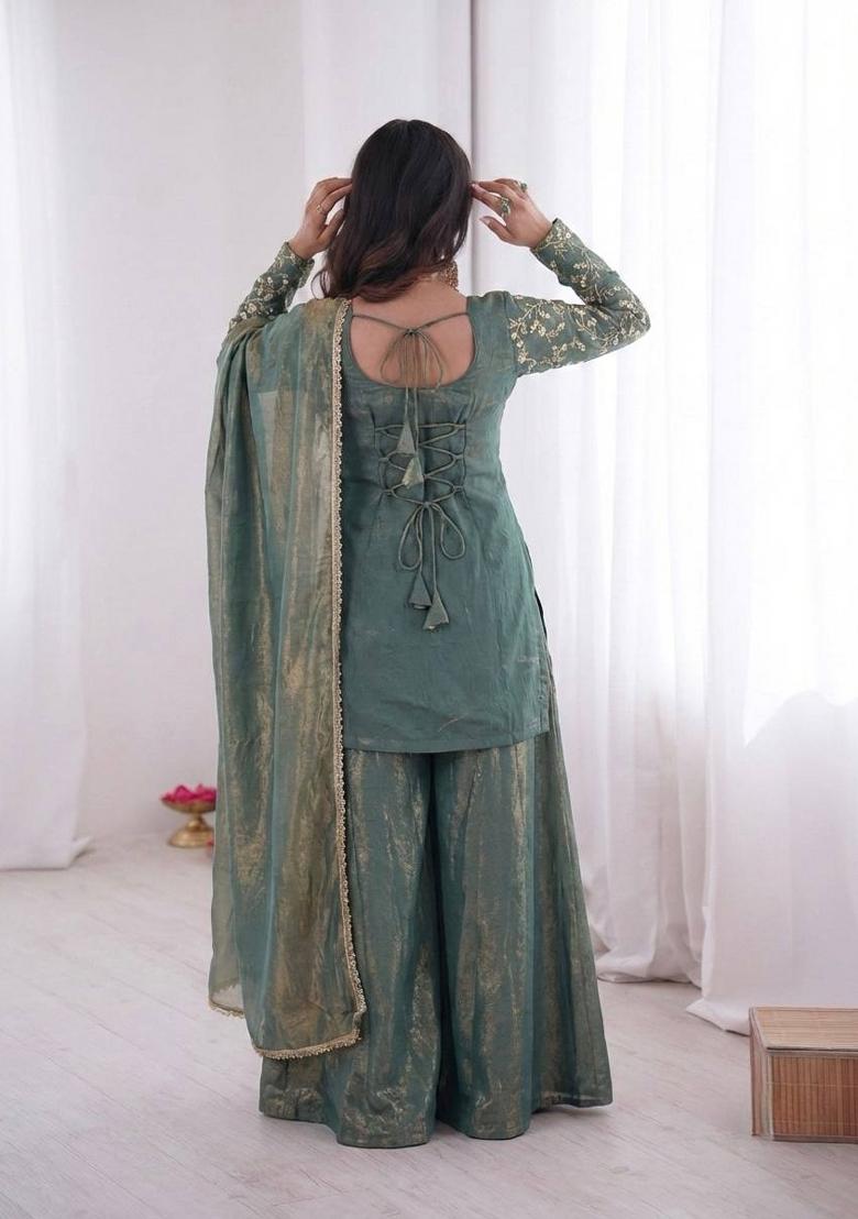 Teal Zari Work Fendy Silk Blend Salwar Suit - Indya
