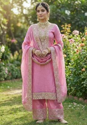 Baby Pink Zari Work Fendy Silk Salwar Suit
