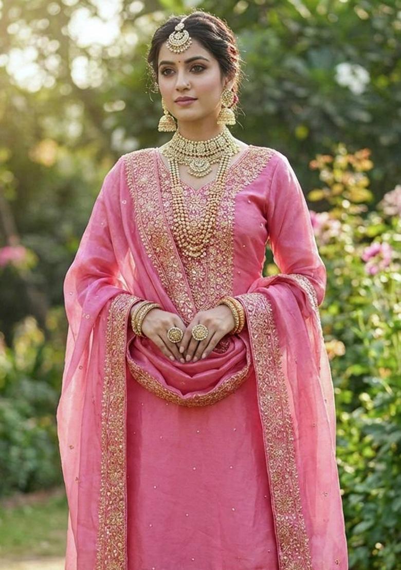 Baby Pink Zari Work Fendy Silk Blend Salwar Suit - Indya