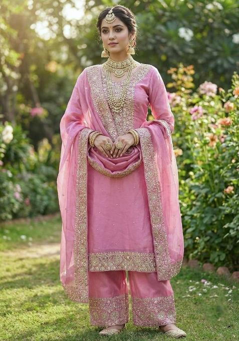 Baby Pink Zari Work Fendy Silk Salwar Suit