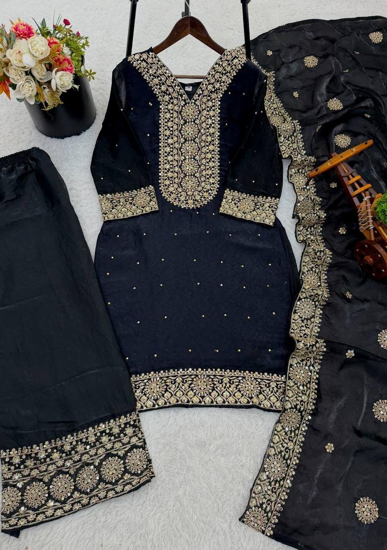 Black Zari Work Fendy Silk Blend Salwar Suit - Indya