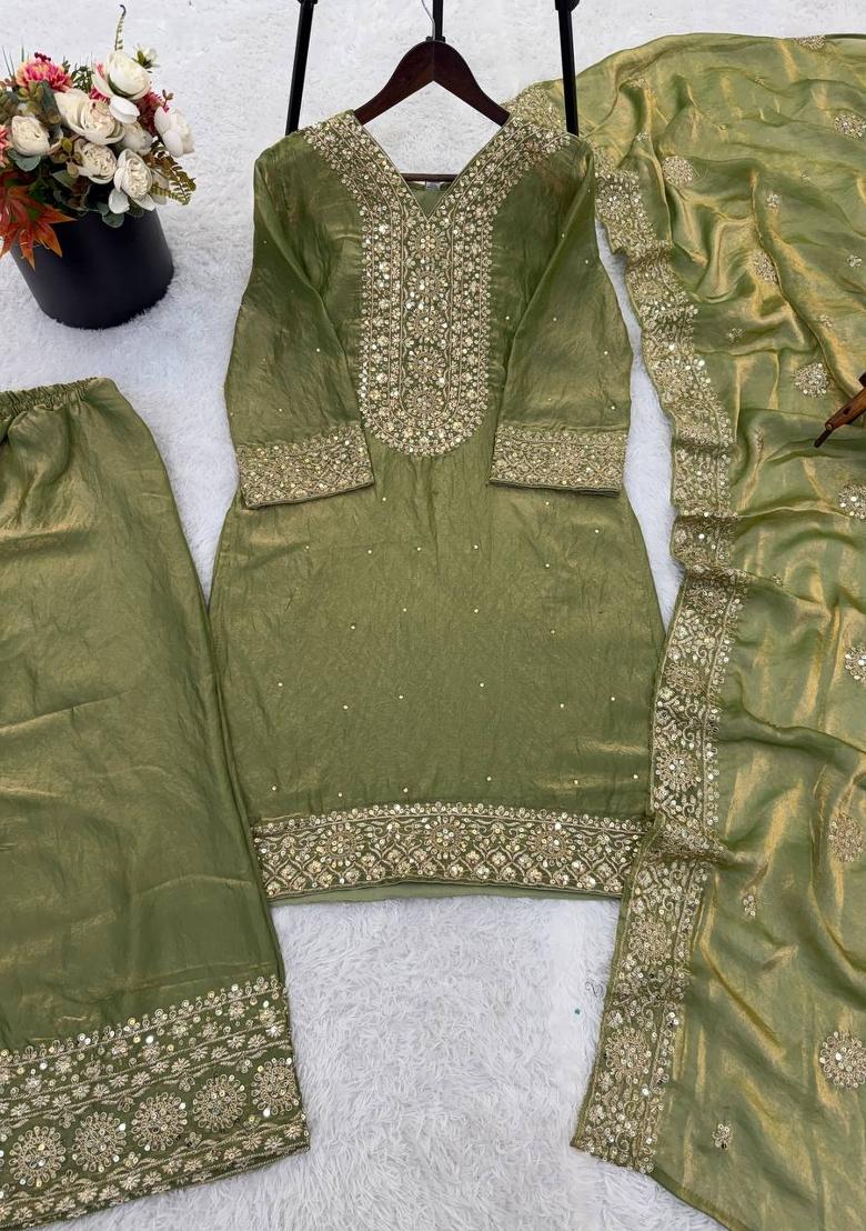 Mehendi Zari Work Fendy Silk Blend Salwar Suit - Indya