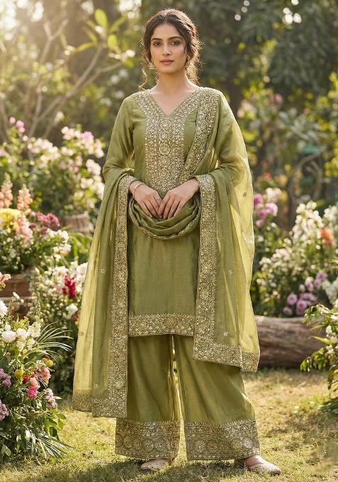 Mehendi Zari Work Fendy Silk Salwar Suit