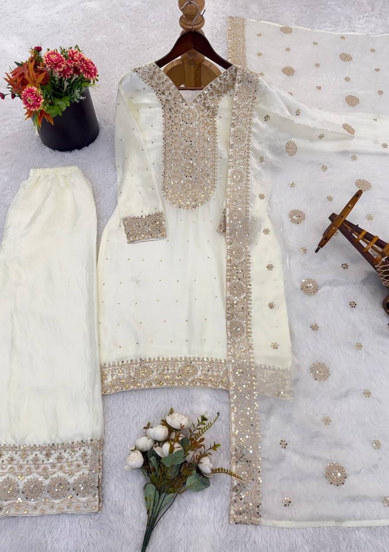 White Zari Work Fendy Silk Blend Salwar Suit - Indya