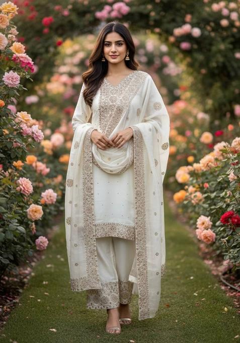 White Zari Work Fendy Silk Salwar Suit