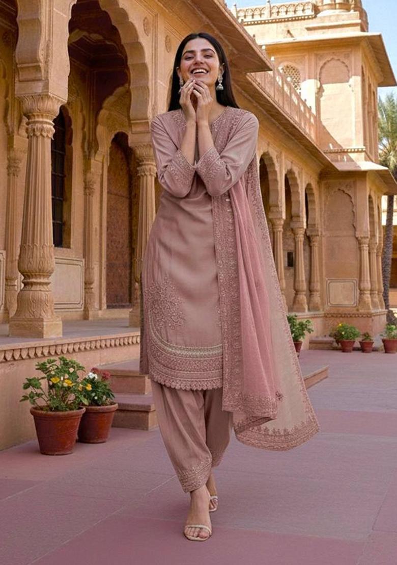 Peach Zari Work Natural Creap Salwar Suit - Indya