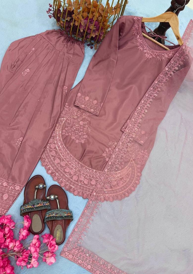 Peach Zari Work Natural Creap Salwar Suit - Indya