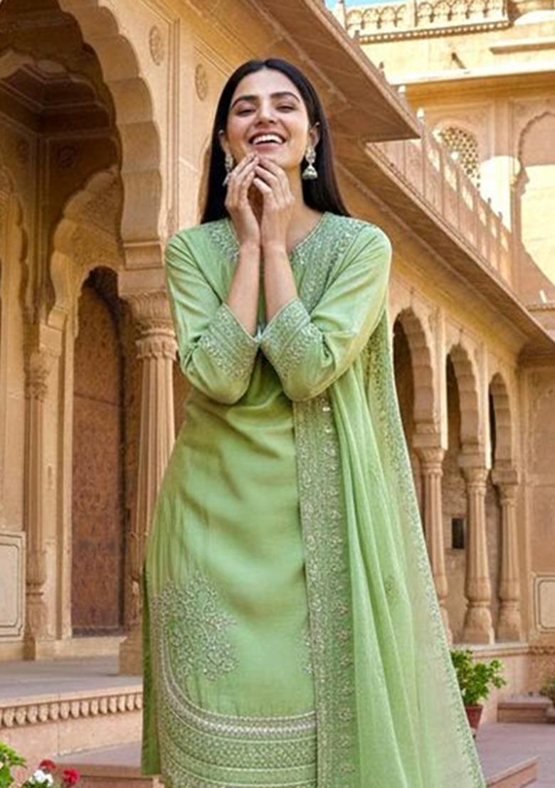 Pista Zari Work Natural Creap Salwar Suit - Indya