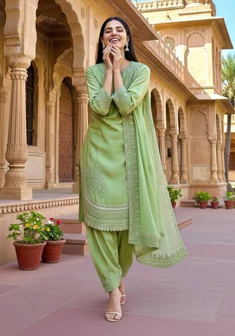 Pista Zari Work Natural Creap Salwar Suit