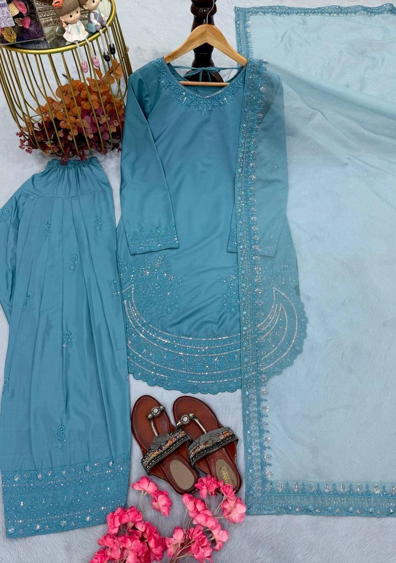 Teal Zari Work Natural Creap Salwar Suit - Indya