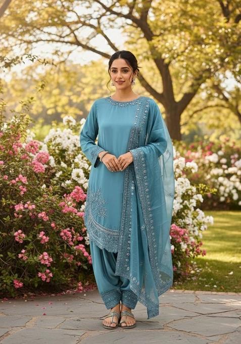 Teal Zari Work Natural Creap Salwar Suit