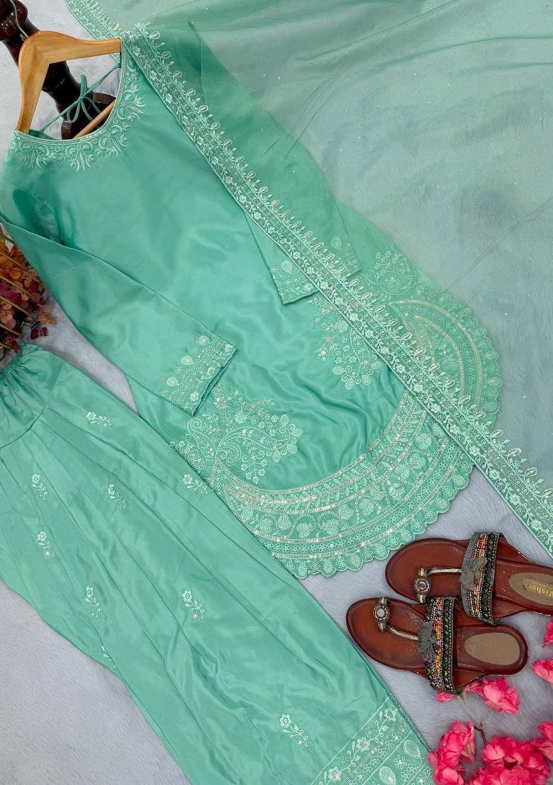 Turquoise Zari Work Natural Creap Salwar Suit - Indya