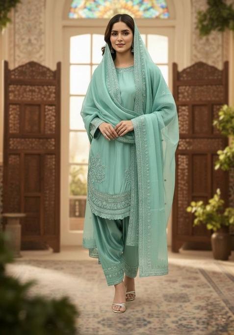 Turquoise Zari Work Natural Creap Salwar Suit