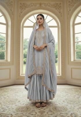 Grey Zari Work Chinnon Salwar Suit
