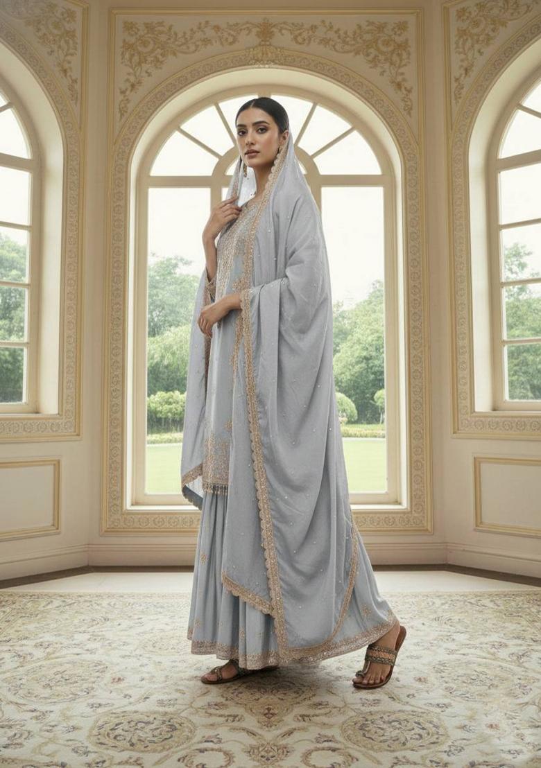 Grey Zari Work Chinnon Salwar Suit - Indya