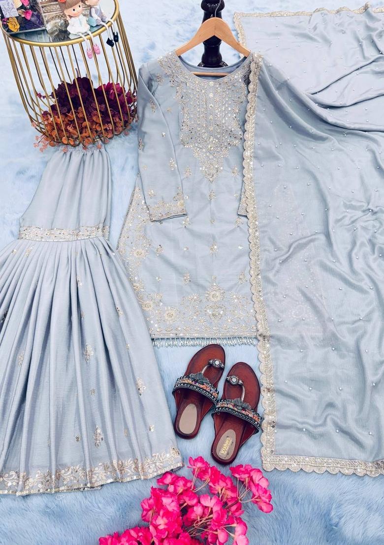 Grey Zari Work Chinnon Salwar Suit - Indya