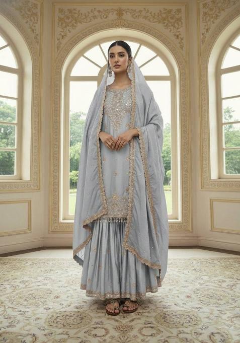 Grey Zari Work Chinnon Salwar Suit