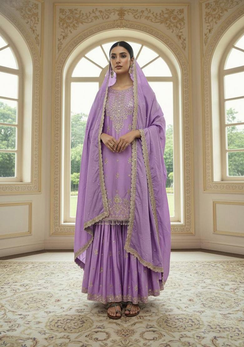 Lavender Zari Work Chinnon Salwar Suit - Indya