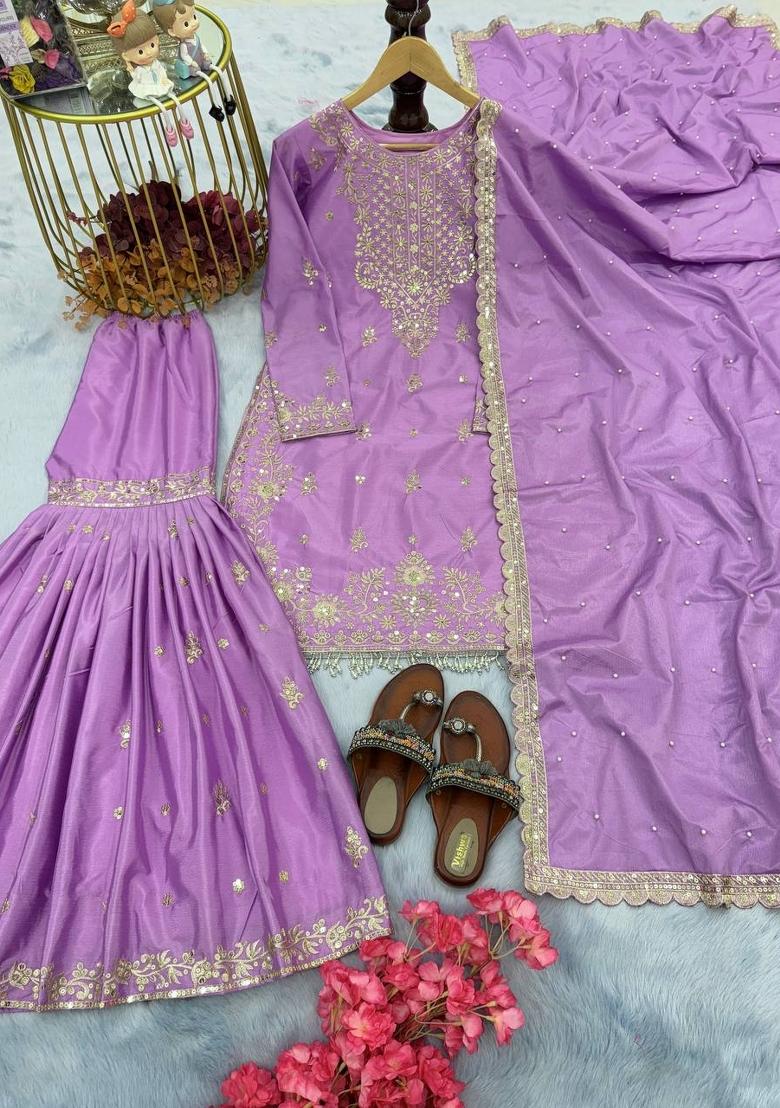 Lavender Zari Work Chinnon Salwar Suit - Indya