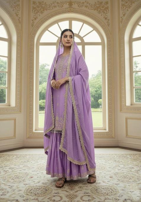 Lavender Zari Work Chinnon Salwar Suit