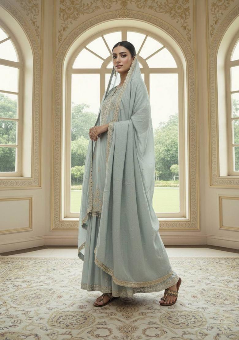 Mint Green Zari Work Chinnon Salwar Suit - Indya