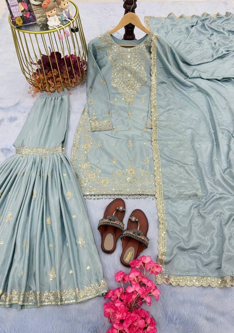 Mint Green Zari Work Chinnon Salwar Suit - Indya