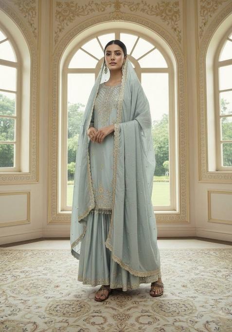Mint Green Zari Work Chinnon Salwar Suit