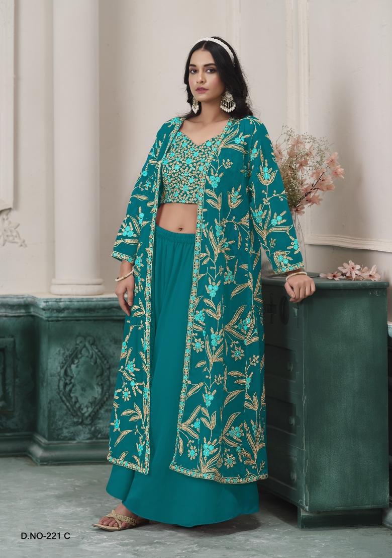 turquoise Zari Work Georgette Indo Western Set - Indya