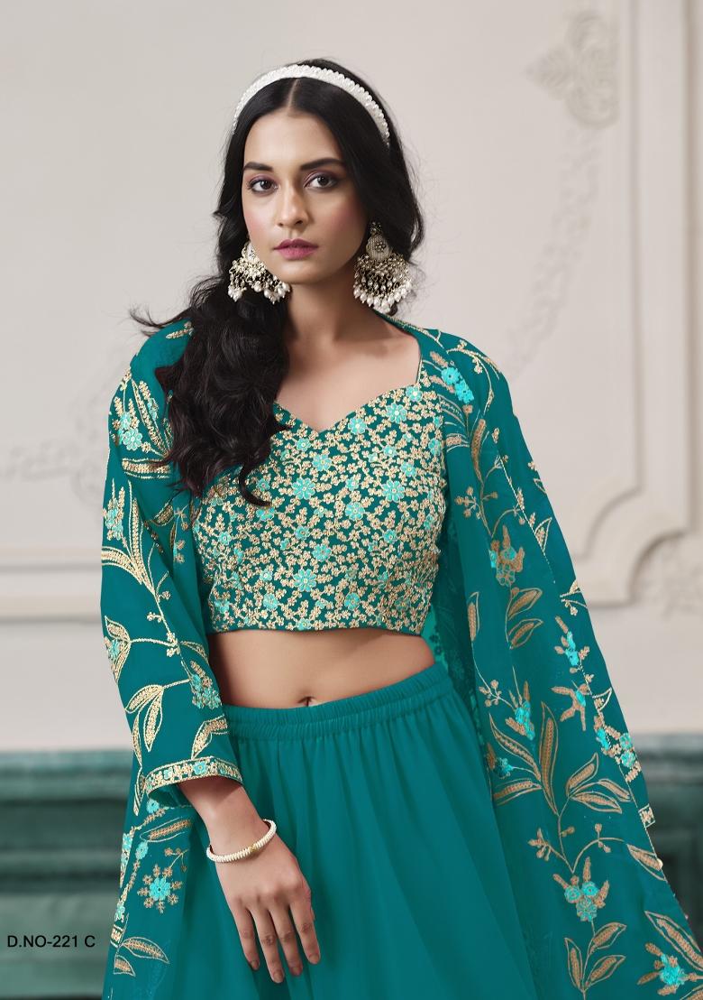 turquoise Zari Work Georgette Indo Western Set - Indya