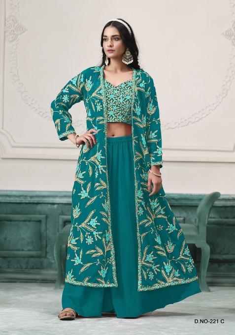 turquoise Zari Work Georgette Indo Western Set