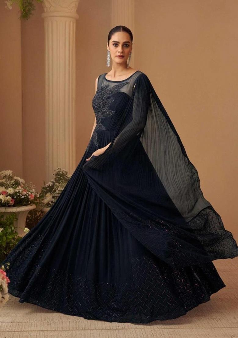 black Zari Work Silk Blend Anarkali - Indya