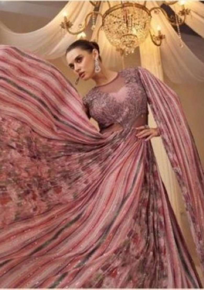 pink Zari Work Silk Blend Anarkali - Indya